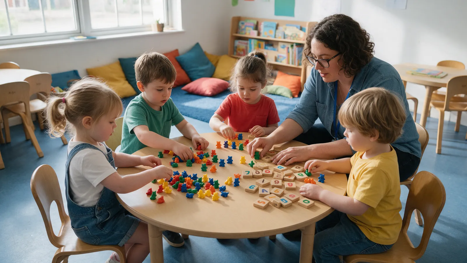 Four pre-school children at a round wooden table sorting coloured counting bears with a practitioner