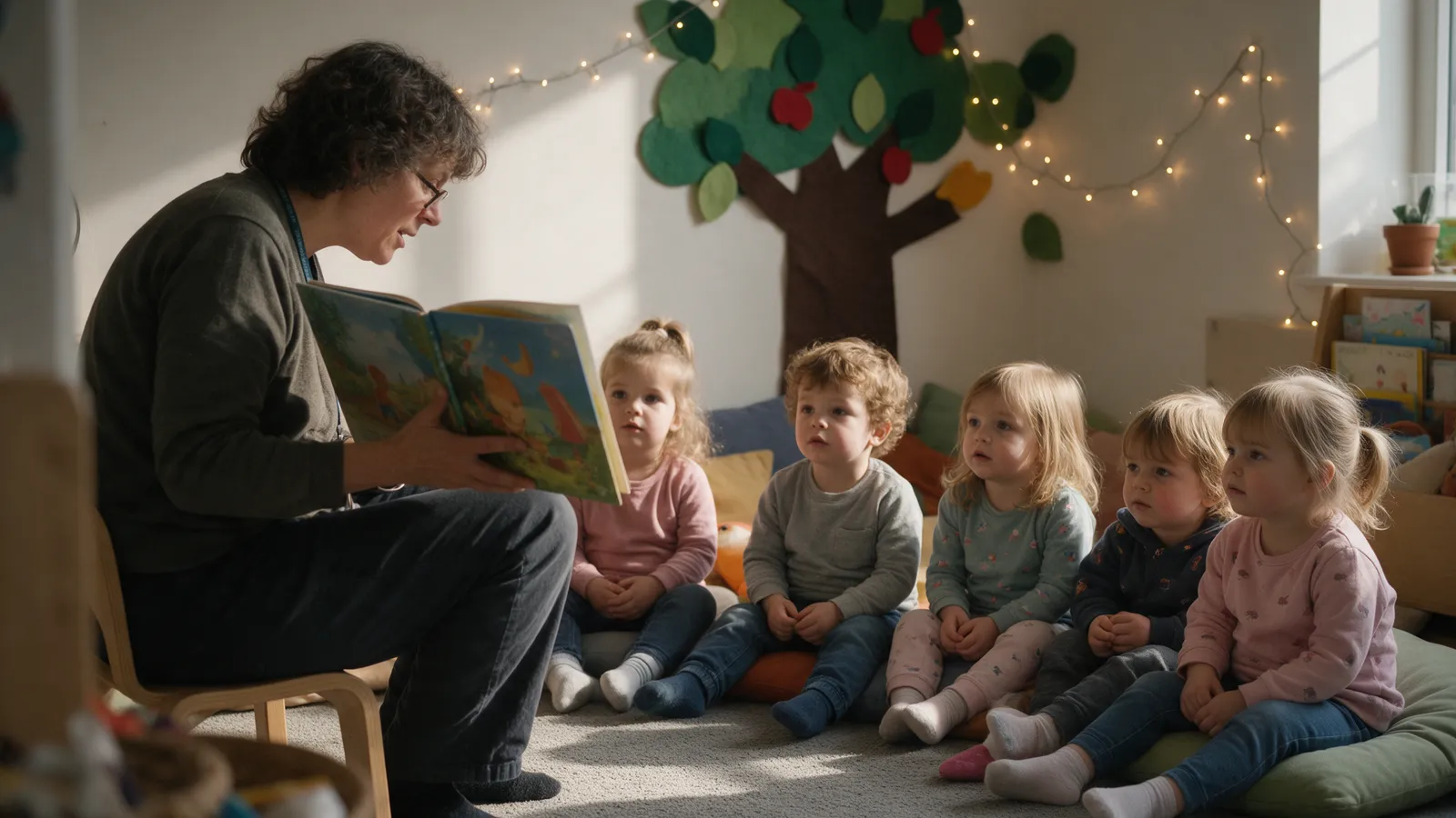 A practitioner on a low chair reading a large picture book to six children sitting on floor cushions in a book corner with a felt tree on the wall
