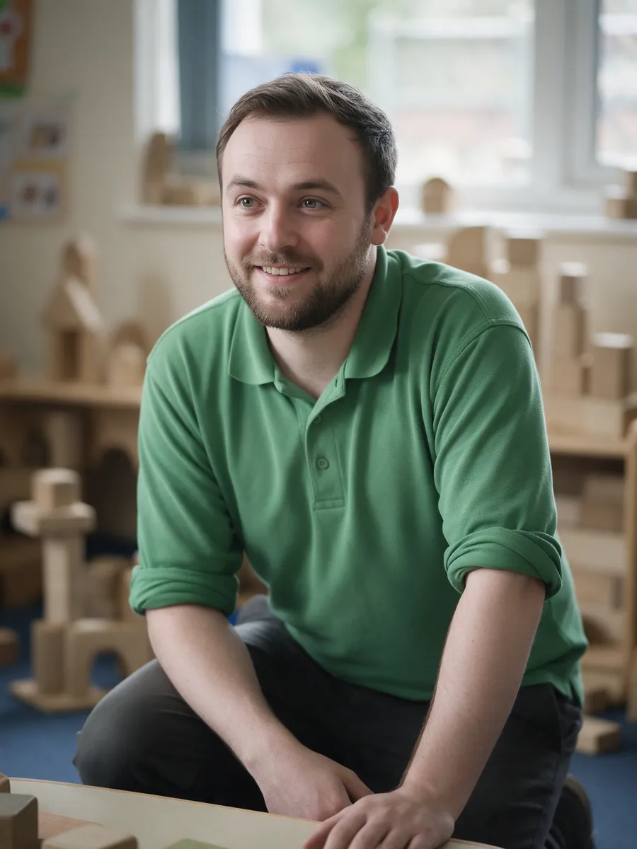 Dafydd Howells, a man in his early thirties with a short beard in a leaf-green polo shirt, kneeling at a low table in a nursery pre-school room