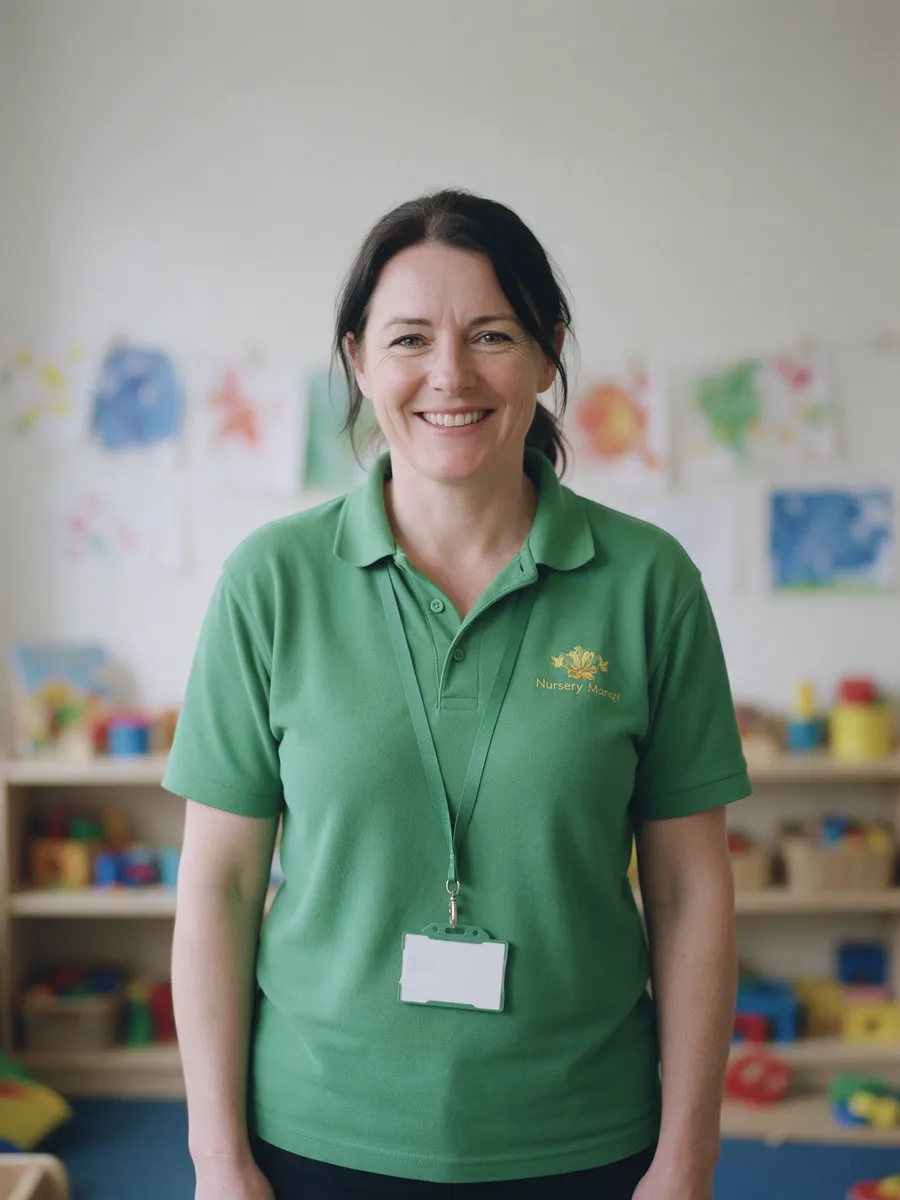 Bethan Pritchard, a Welsh woman in her mid-forties in a leaf-green polo shirt and lanyard, smiling in a bright nursery playroom