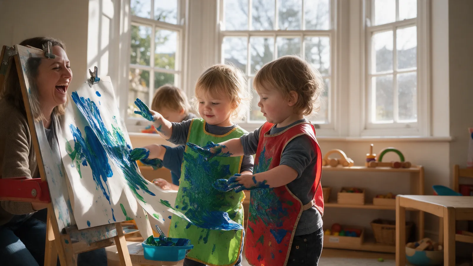 Two-year-olds in painting aprons covering paper in thick blue and green paint at a low easel, a practitioner laughing beside them