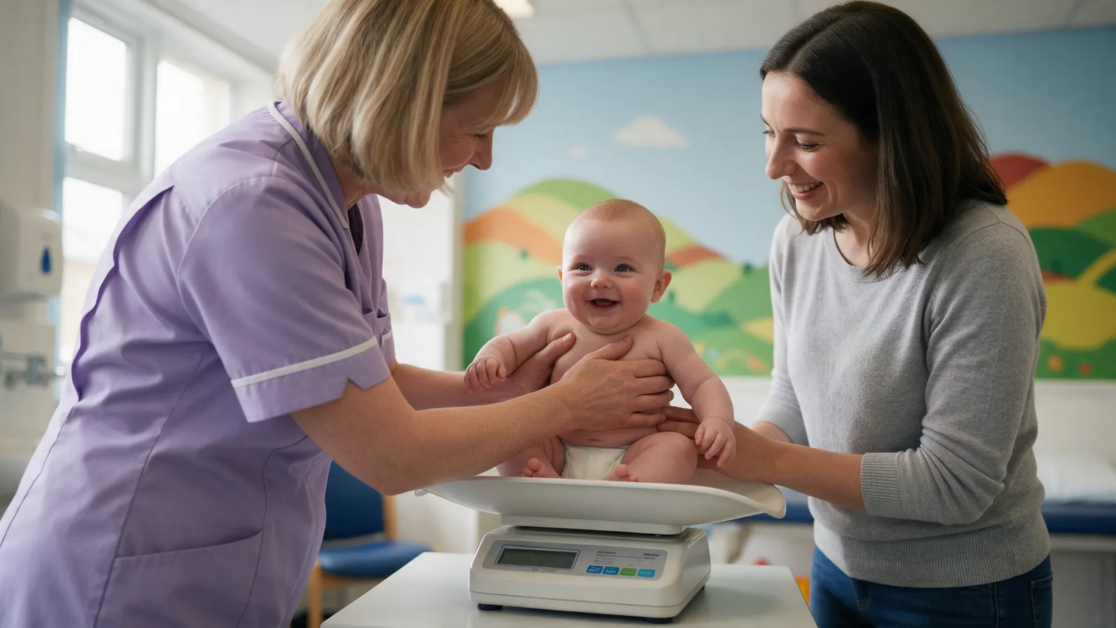 A health visitor weighing a smiling baby on a scale while the mother watches