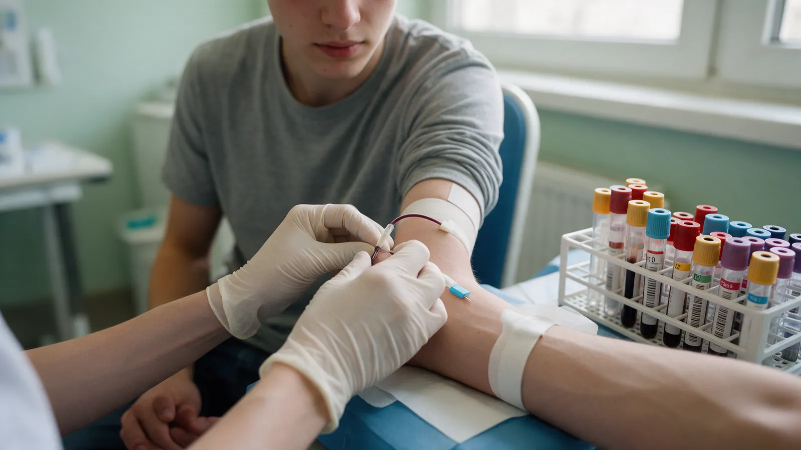 A phlebotomist in gloves taking a blood sample from a seated patient's arm, labelled tubes in a rack