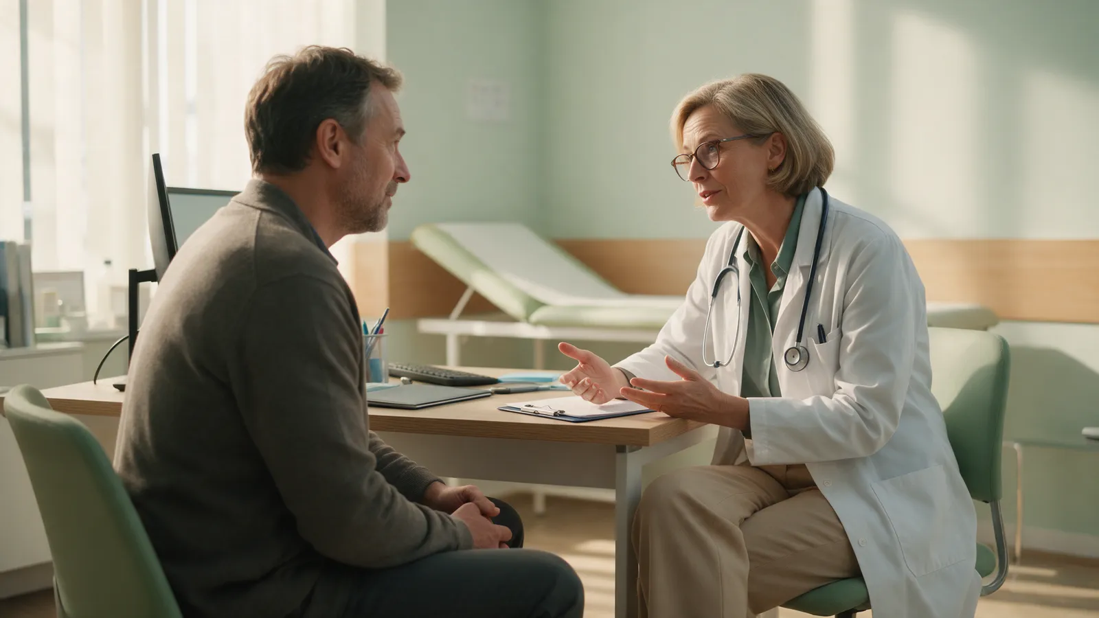 A GP talking with a patient across a desk in a bright consulting room