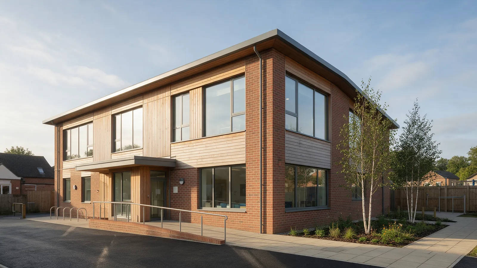 The surgery: a modern two-storey brick and timber health centre with a ramped entrance, bike racks and birch trees
