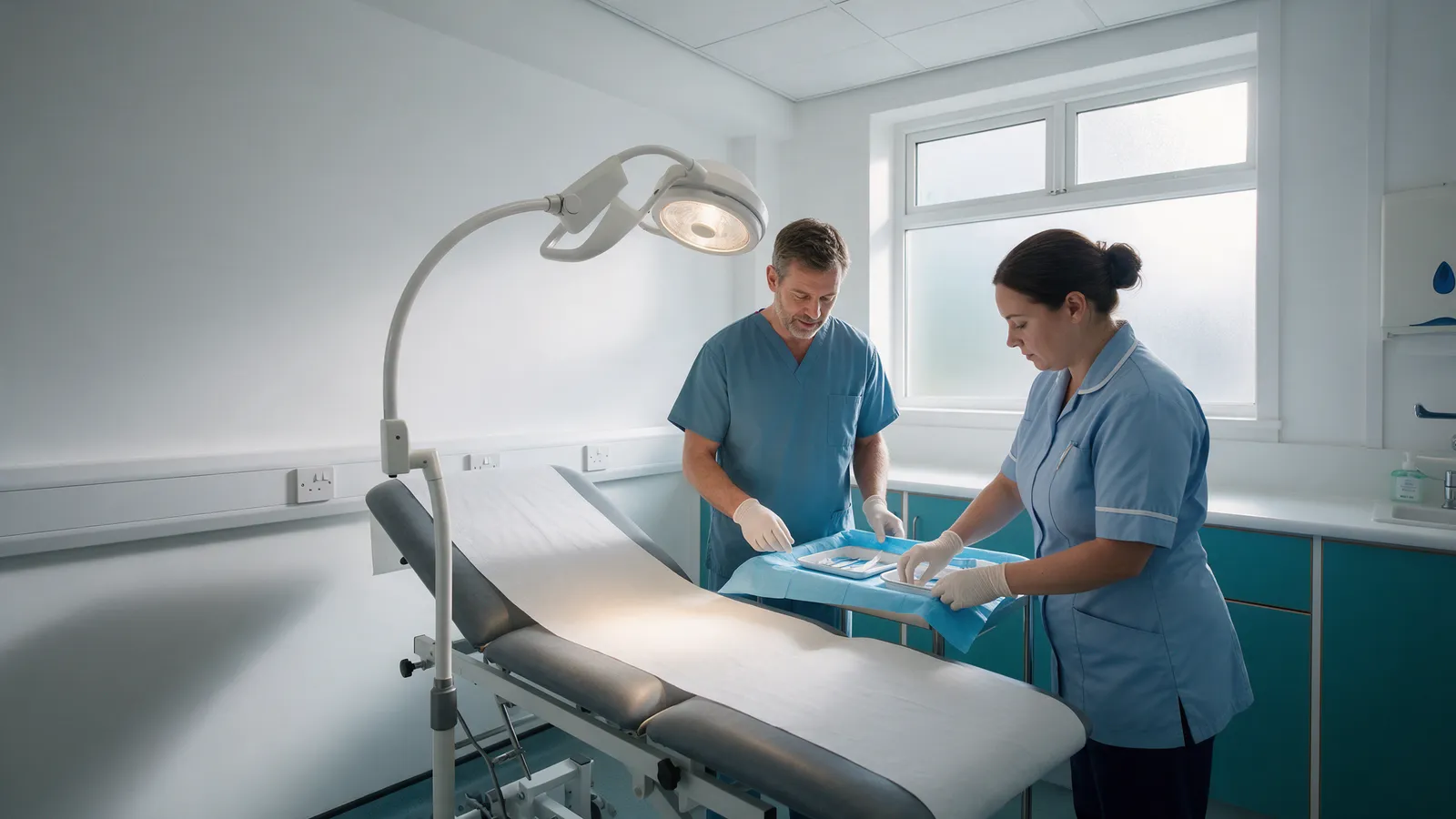 A doctor and a nurse preparing a sterile tray beside an examination couch under an adjustable lamp