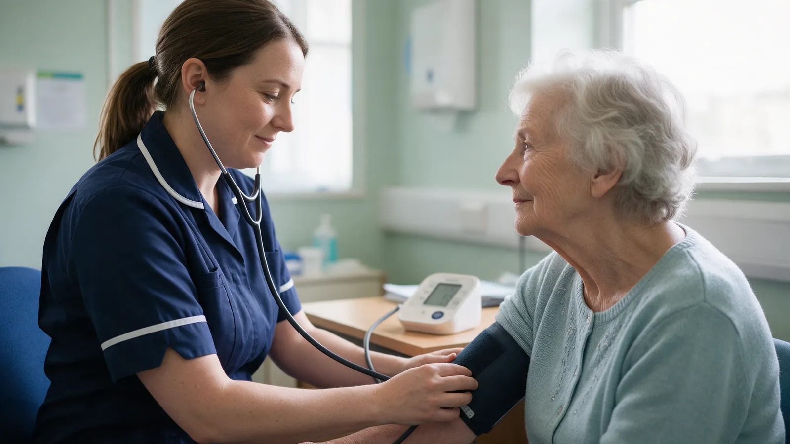 A practice nurse taking an older woman's blood pressure in a bright treatment room