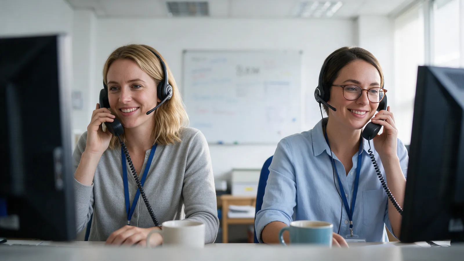 Two receptionists with headsets answering the phones in the back office at 8am