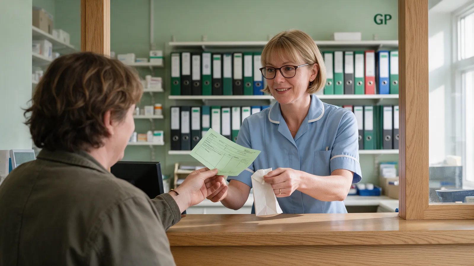 A receptionist handing a prescription slip and a paper bag to a patient at the counter