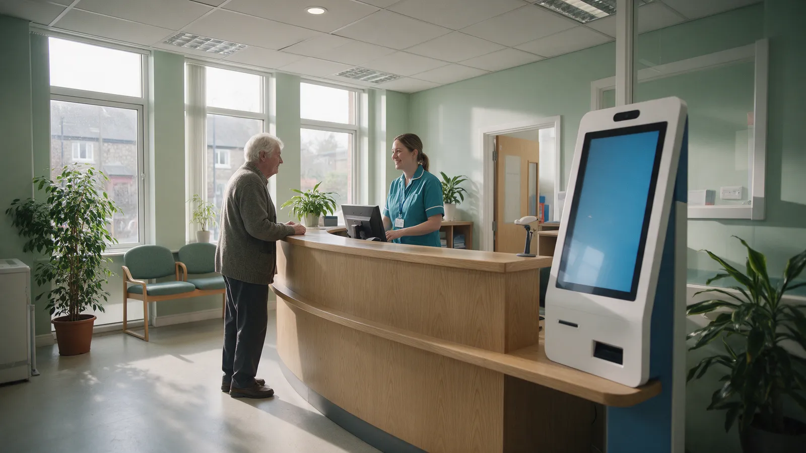 The surgery reception: a curved light-oak desk, a receptionist in a teal tunic smiling at an older patient, plants and big windows