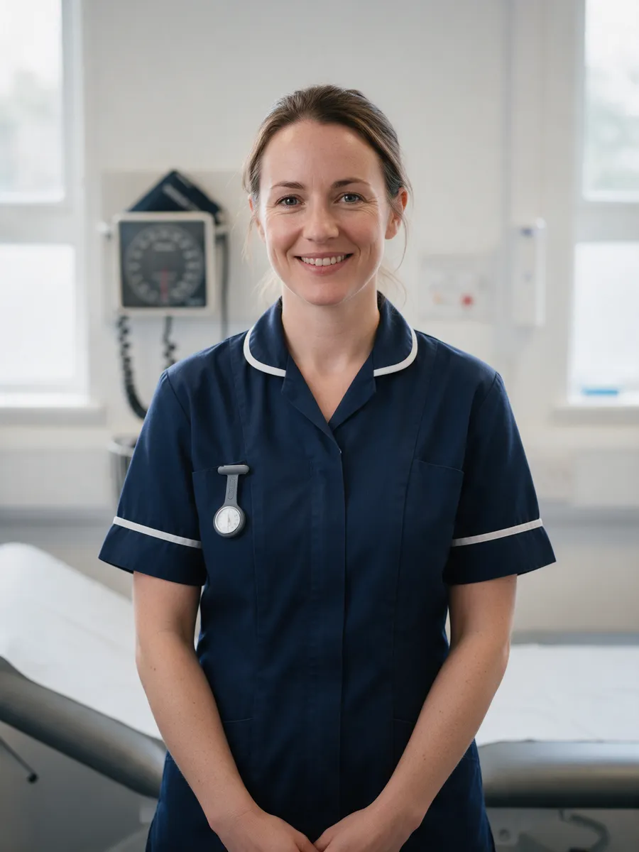 Bethan Hughes, a practice nurse in her thirties in a navy tunic with a fob watch, in a treatment room