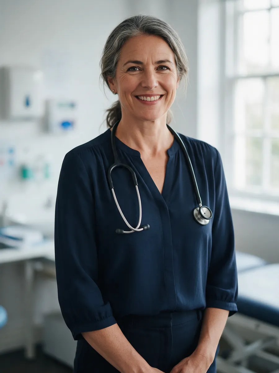 Dr Elin Morgan, a GP partner in her fifties with grey-streaked hair and a stethoscope, in a bright consulting room