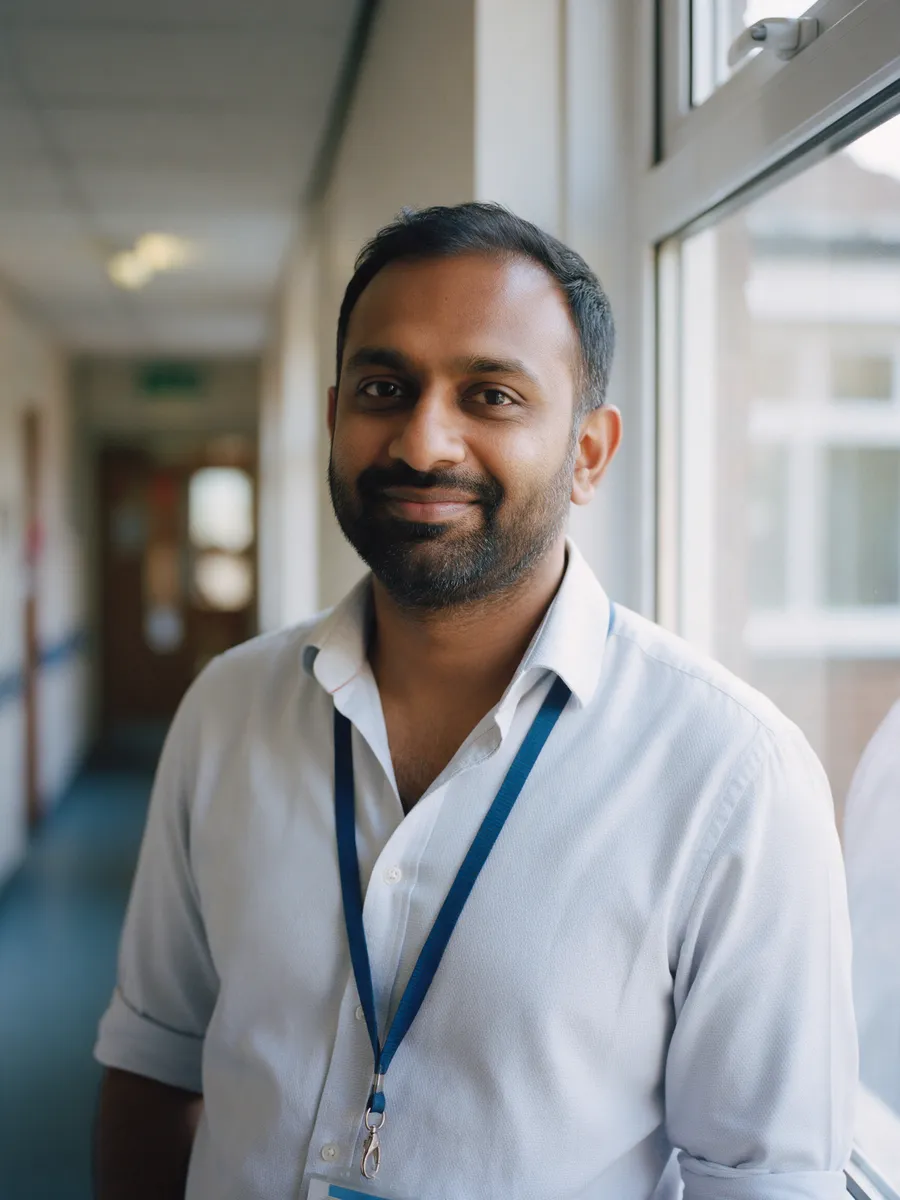 Dr Raj Patel, a GP in his forties with a short beard and a lanyard, standing by a window in the surgery corridor