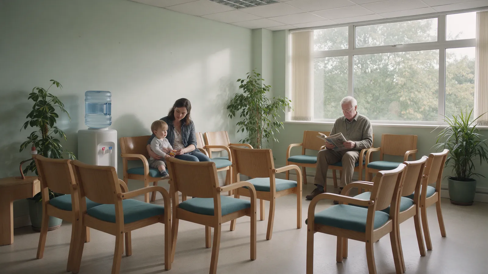 The calm waiting room with oak chairs, teal cushions and a large window onto trees