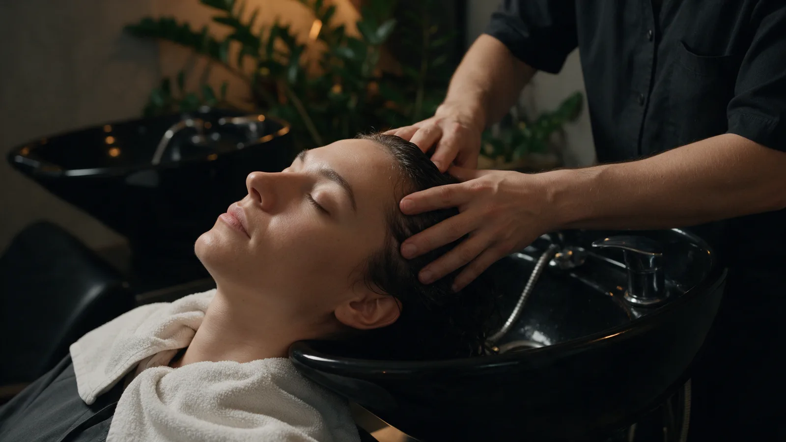 A client reclining at a black ceramic backwash basin having a scalp treatment massaged in