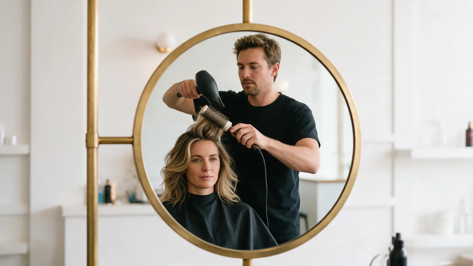 A stylist blow-drying a client's hair with a round brush, both reflected in a round brass mirror