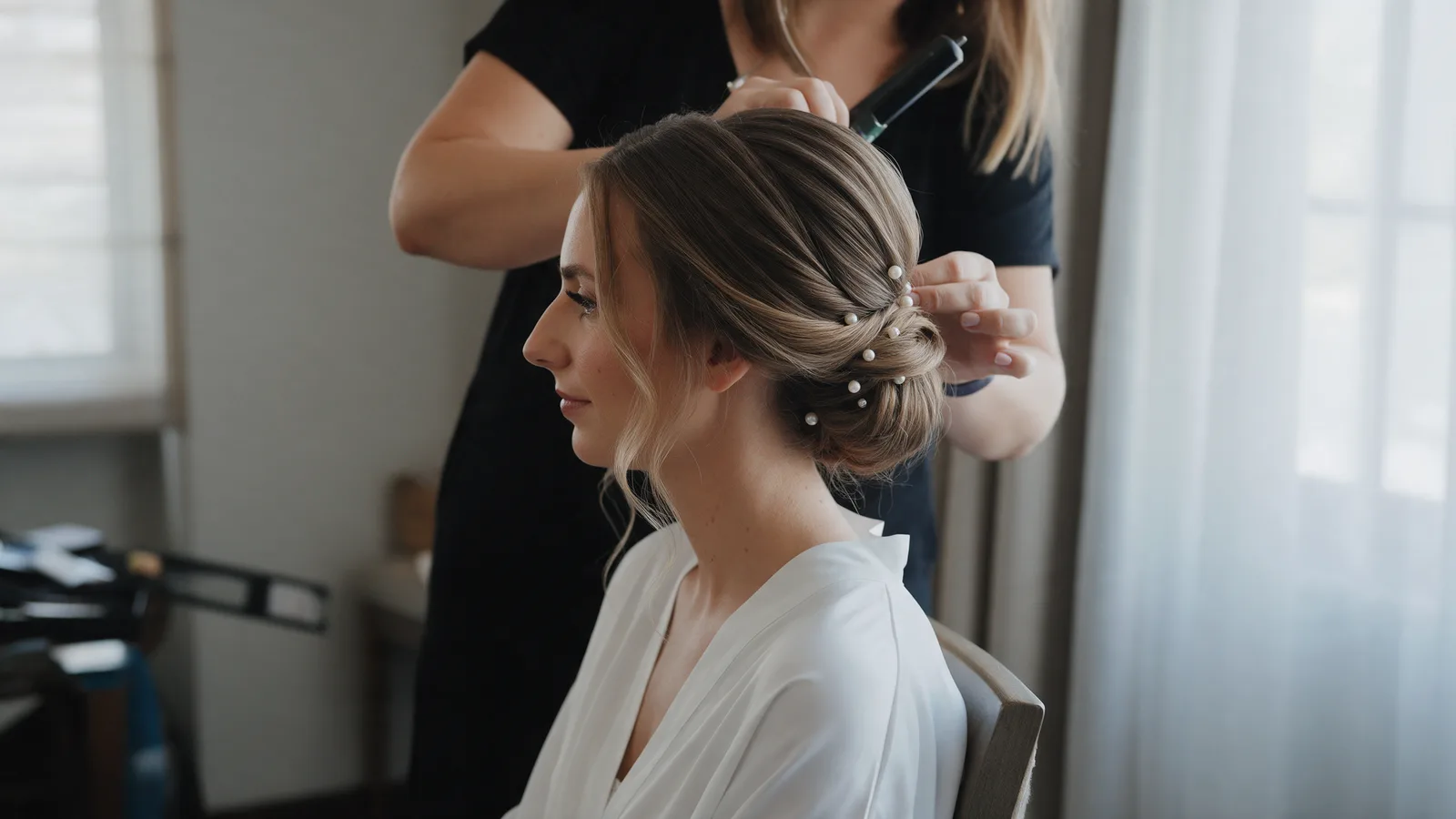 A bride's hair being styled into a soft low chignon with pearl pins by a stylist beside a window
