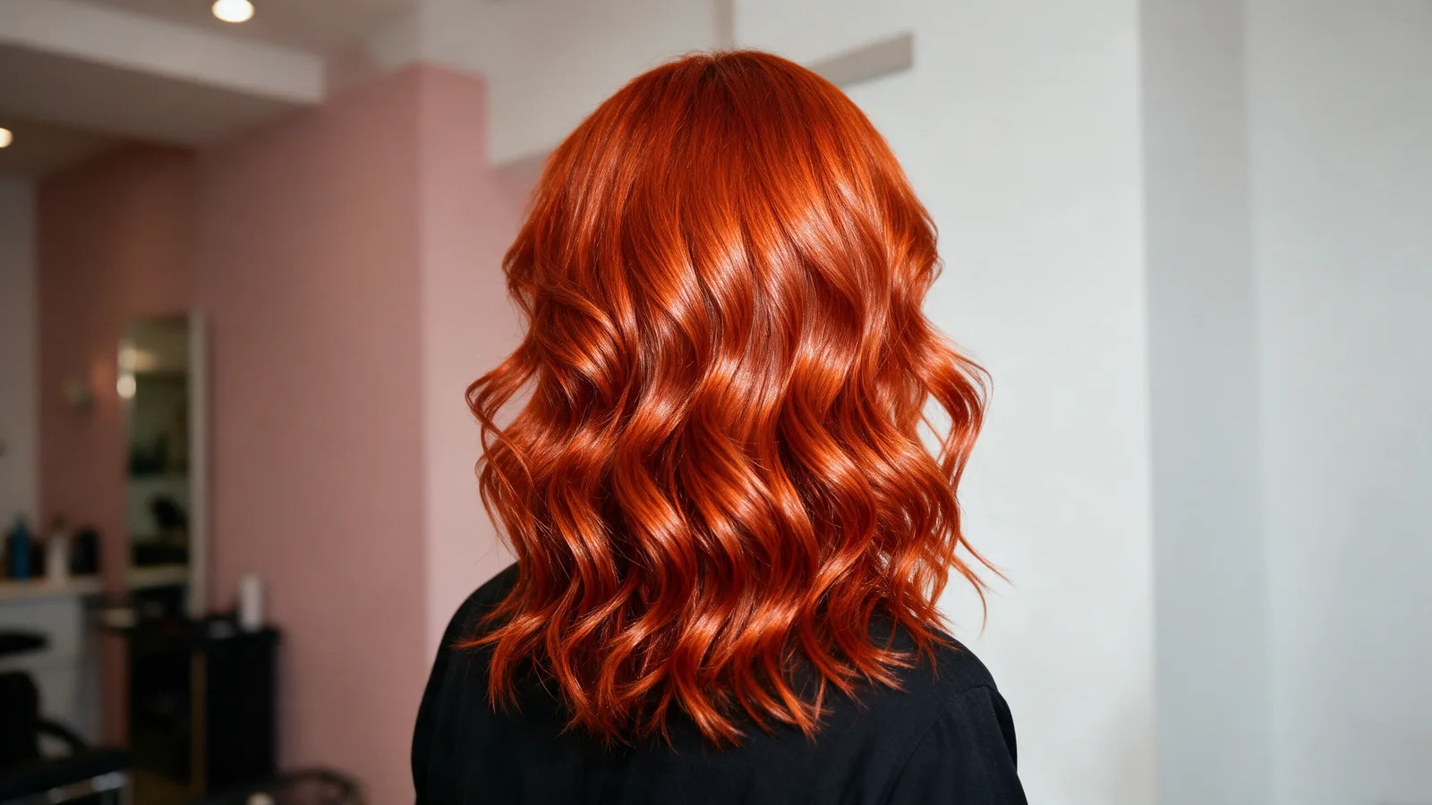 A woman with glossy copper-red hair in loose waves photographed from behind in a salon