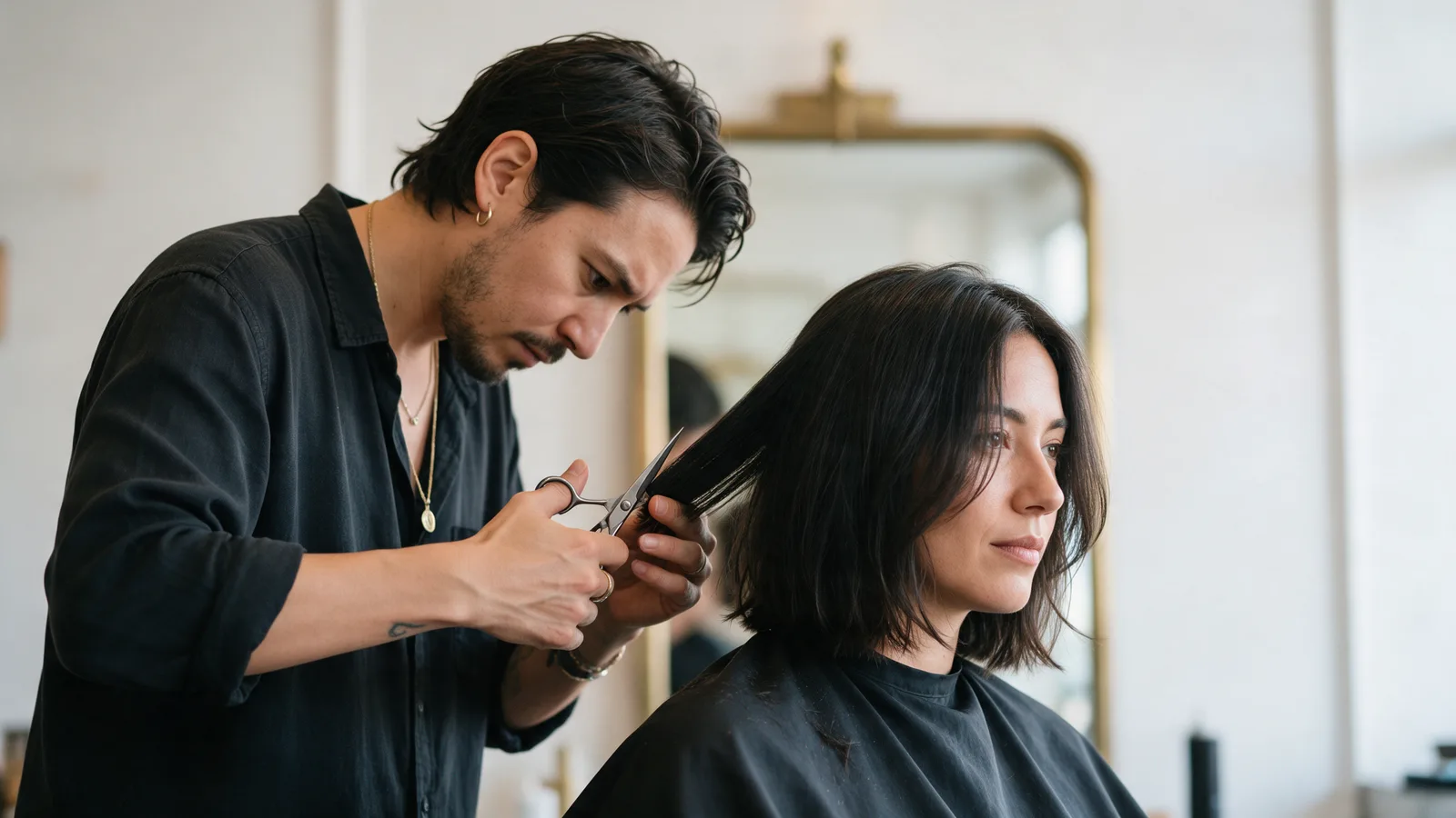 A stylist cutting a woman's shoulder-length dark hair with scissors in a bright salon