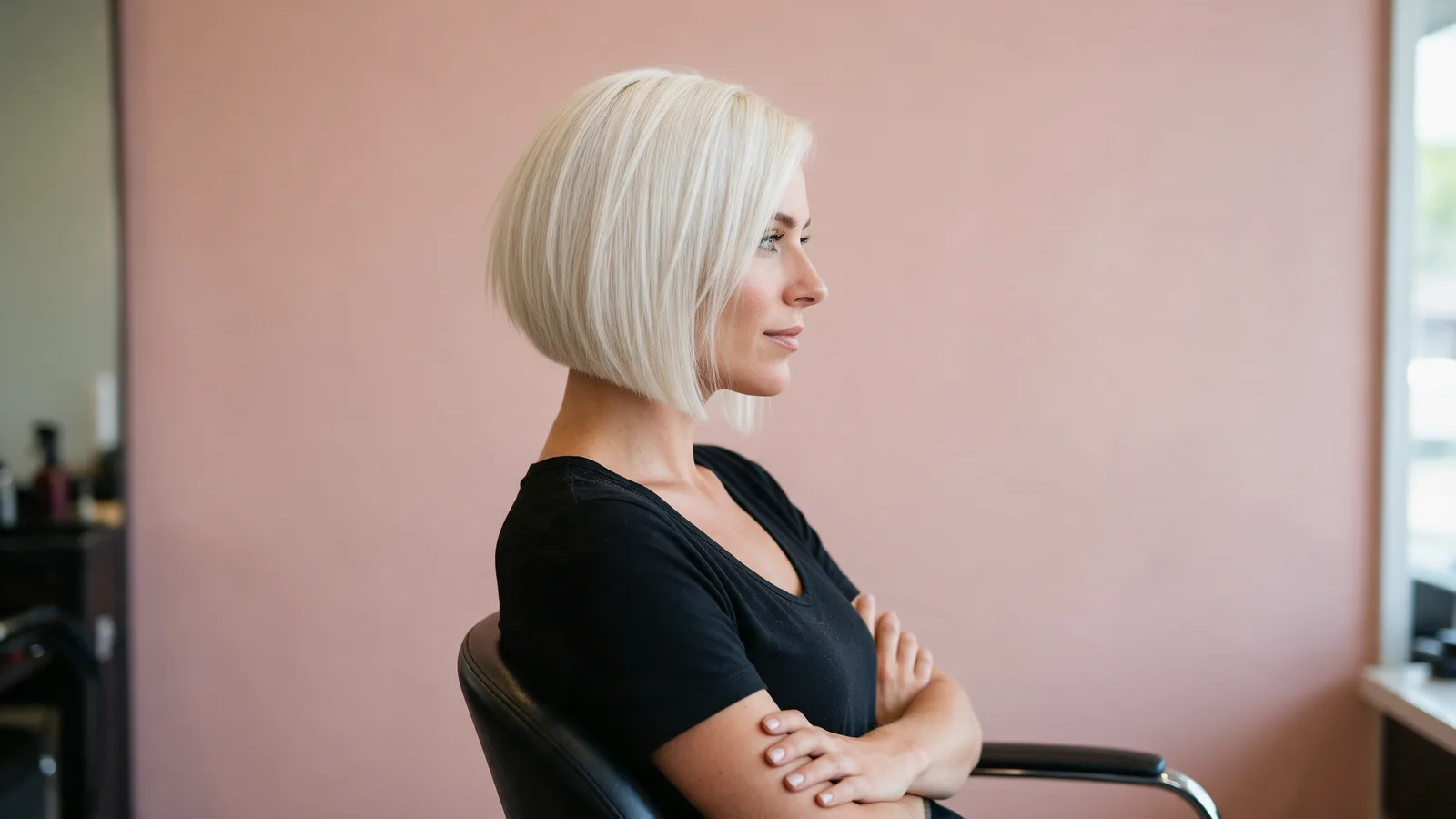 A woman with a freshly cut sharp platinum blonde bob photographed from the side in a salon chair