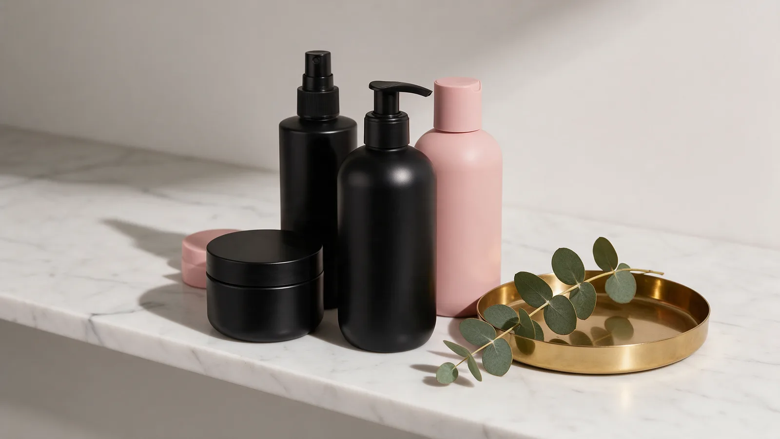 Premium haircare bottles in matte black and blush on a white marble shelf beside eucalyptus and a brass tray