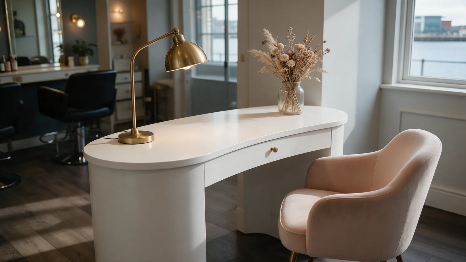 The salon reception: a curved white desk with a brass lamp, dried flowers and a blush armchair, with Cardiff Bay water through the window