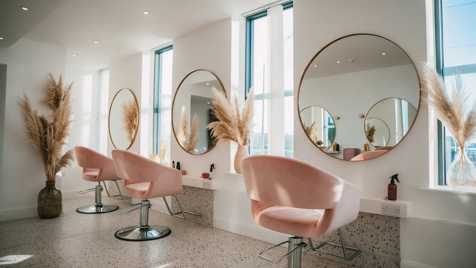The salon interior with blush velvet chairs, round brass mirrors and tall windows