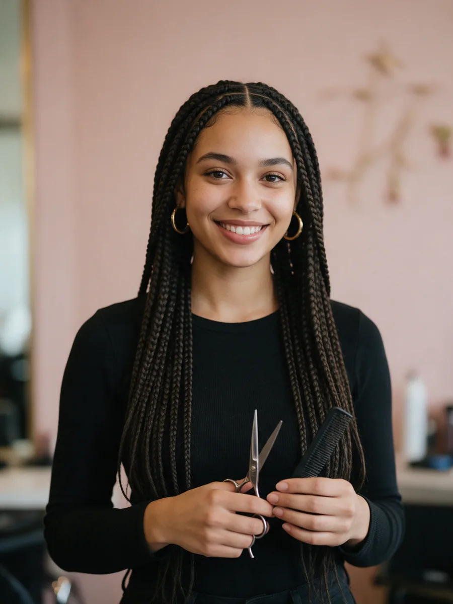 Amara Osei holding scissors and a comb, long braids and gold hoop earrings