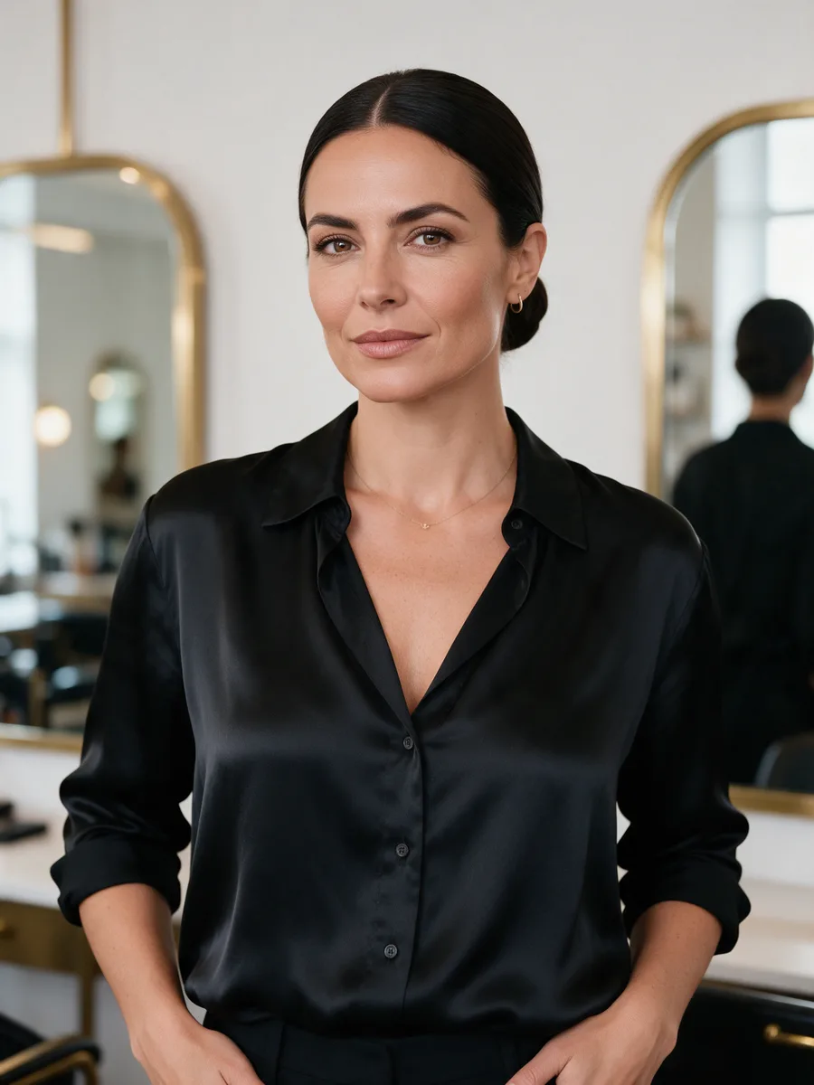 Elena Vasquez standing in a bright salon with brass mirrors, dark hair in a sleek bun