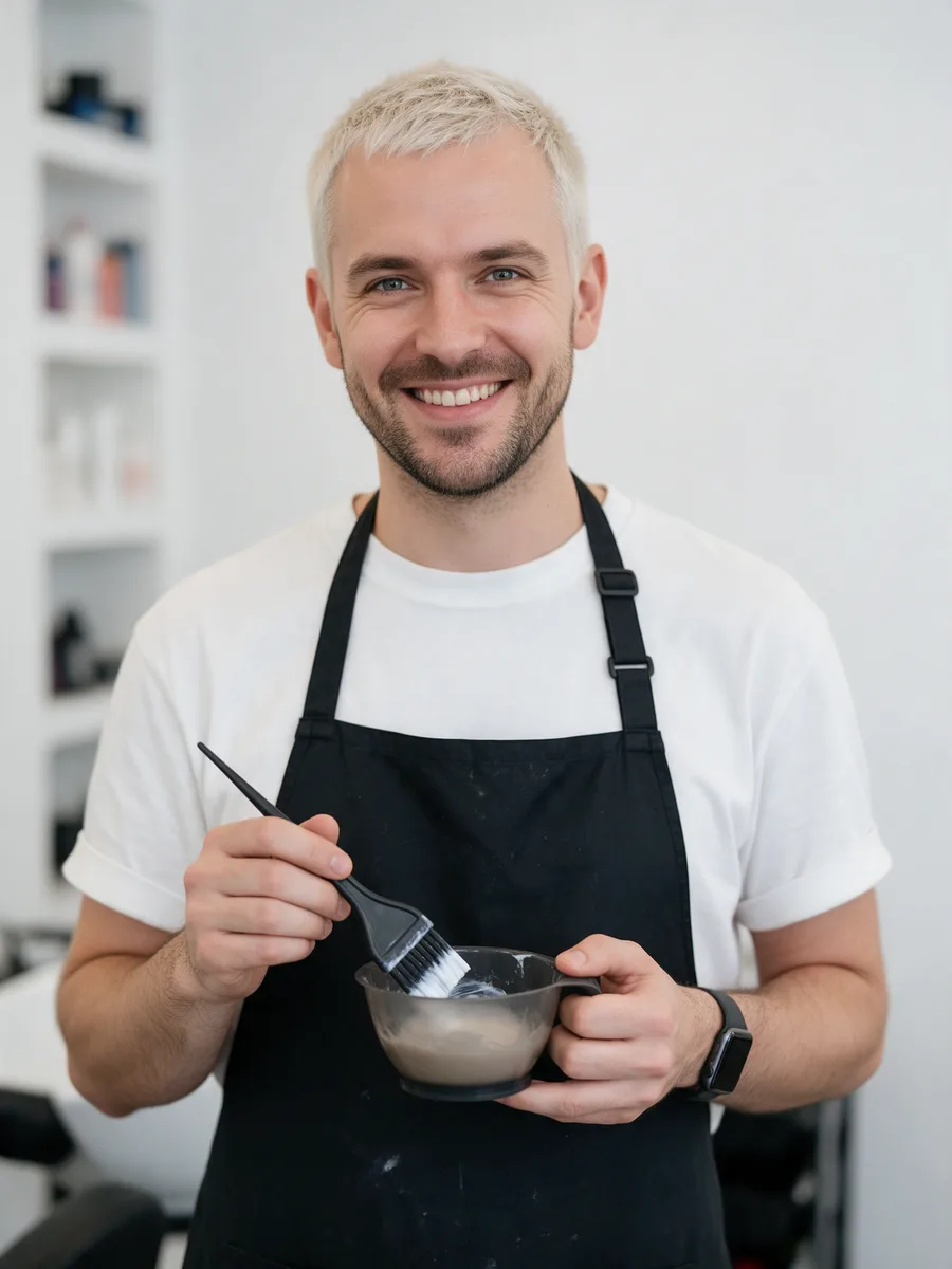 Marco Bellini holding a colour bowl and brush in a black apron