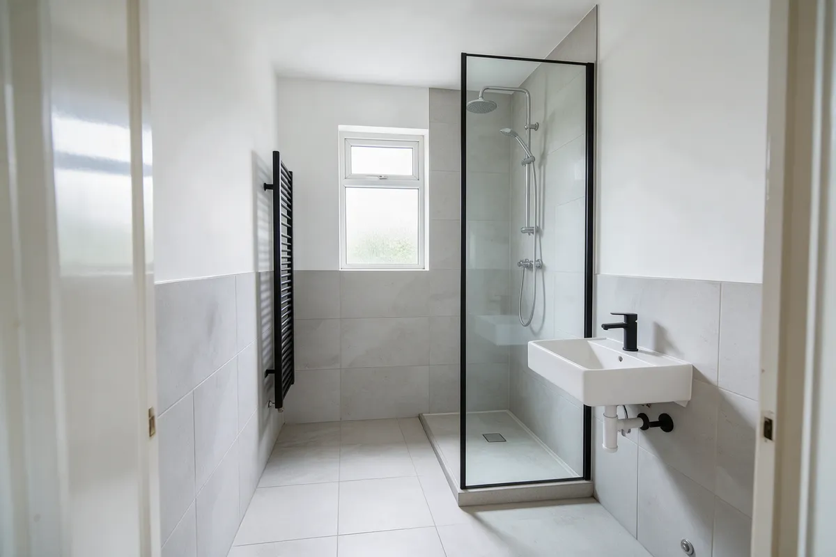 The same bathroom refitted with a white suite, large grey tiles and a walk-in shower