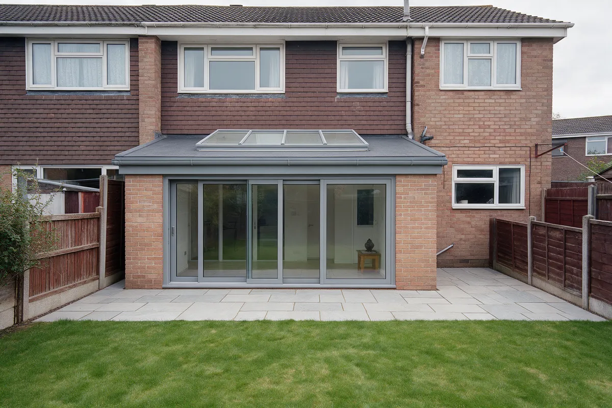 After: The same house with a new single-storey extension with sliding glass doors in place of the old conservatory