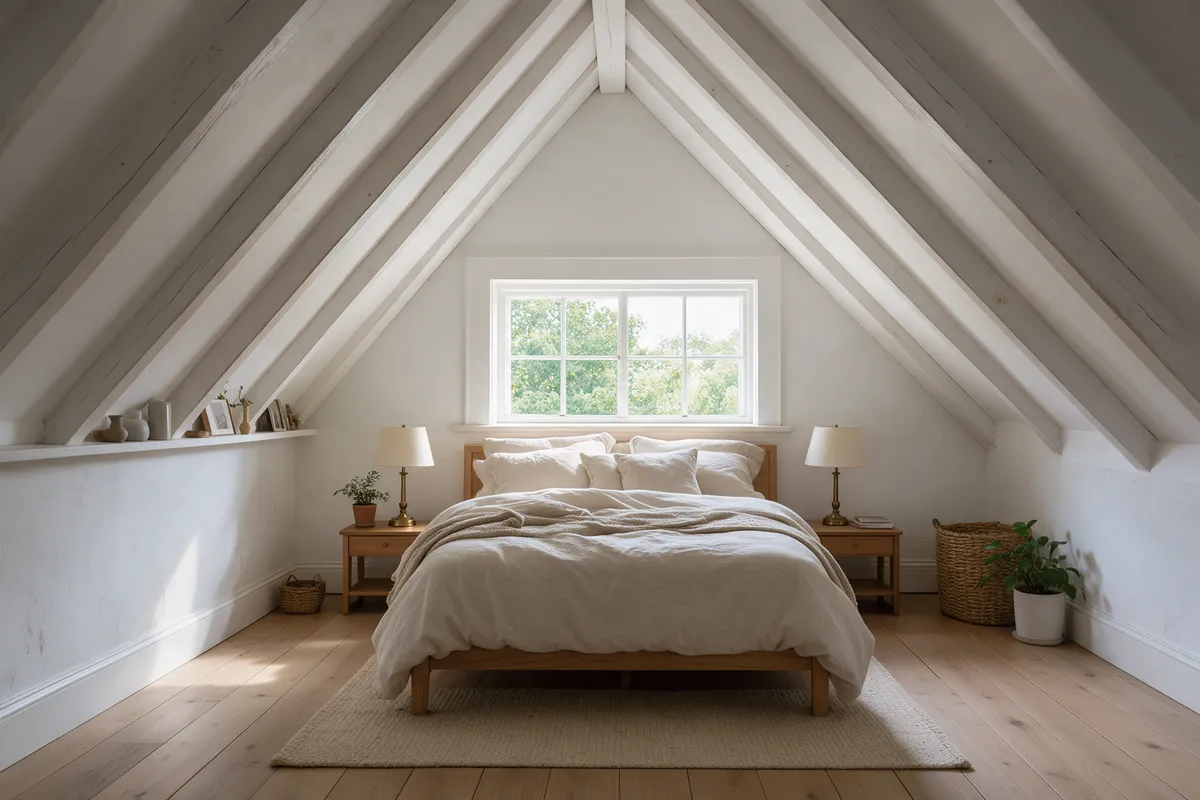 The same attic converted into a bright bedroom with a dormer window and oak floor