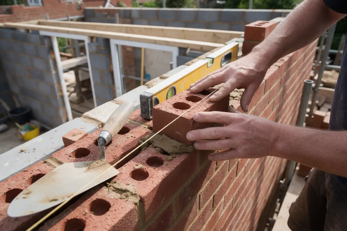 A bricklayer laying facing bricks with a trowel and spirit level on a new extension wall