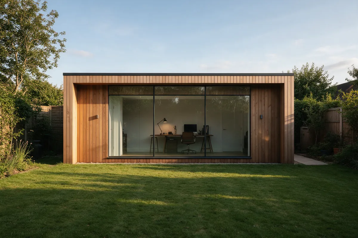 A timber-clad garden office with floor-to-ceiling glazing at the end of a lawn