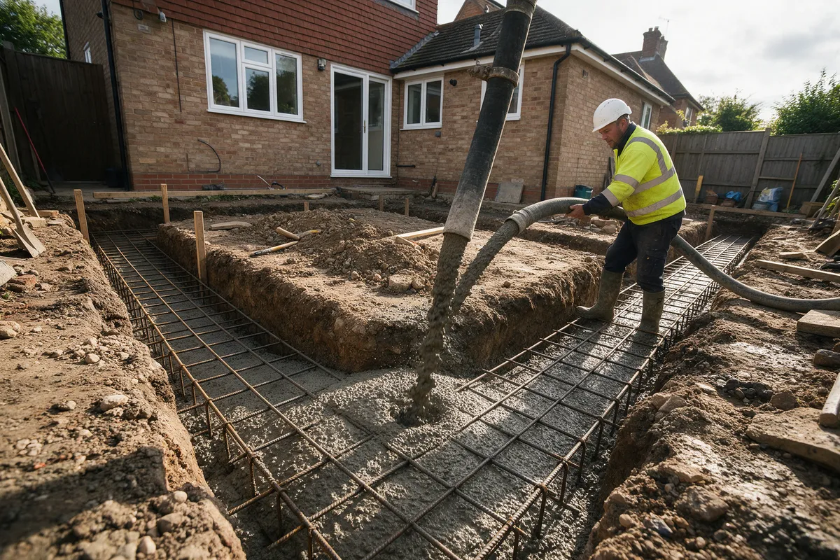 Foundation trenches with steel reinforcement being filled with concrete from a pump