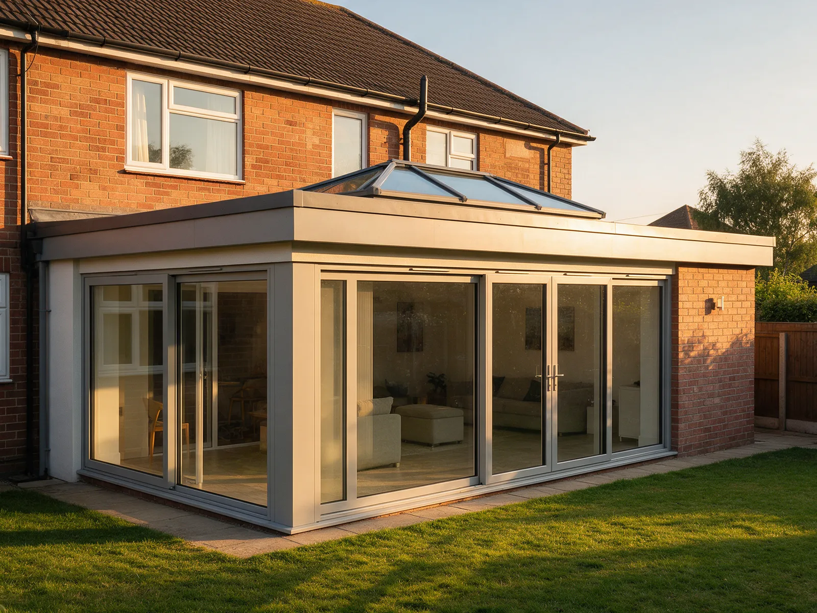 A newly built single-storey rear extension with sliding glass doors open onto a lawn in evening light