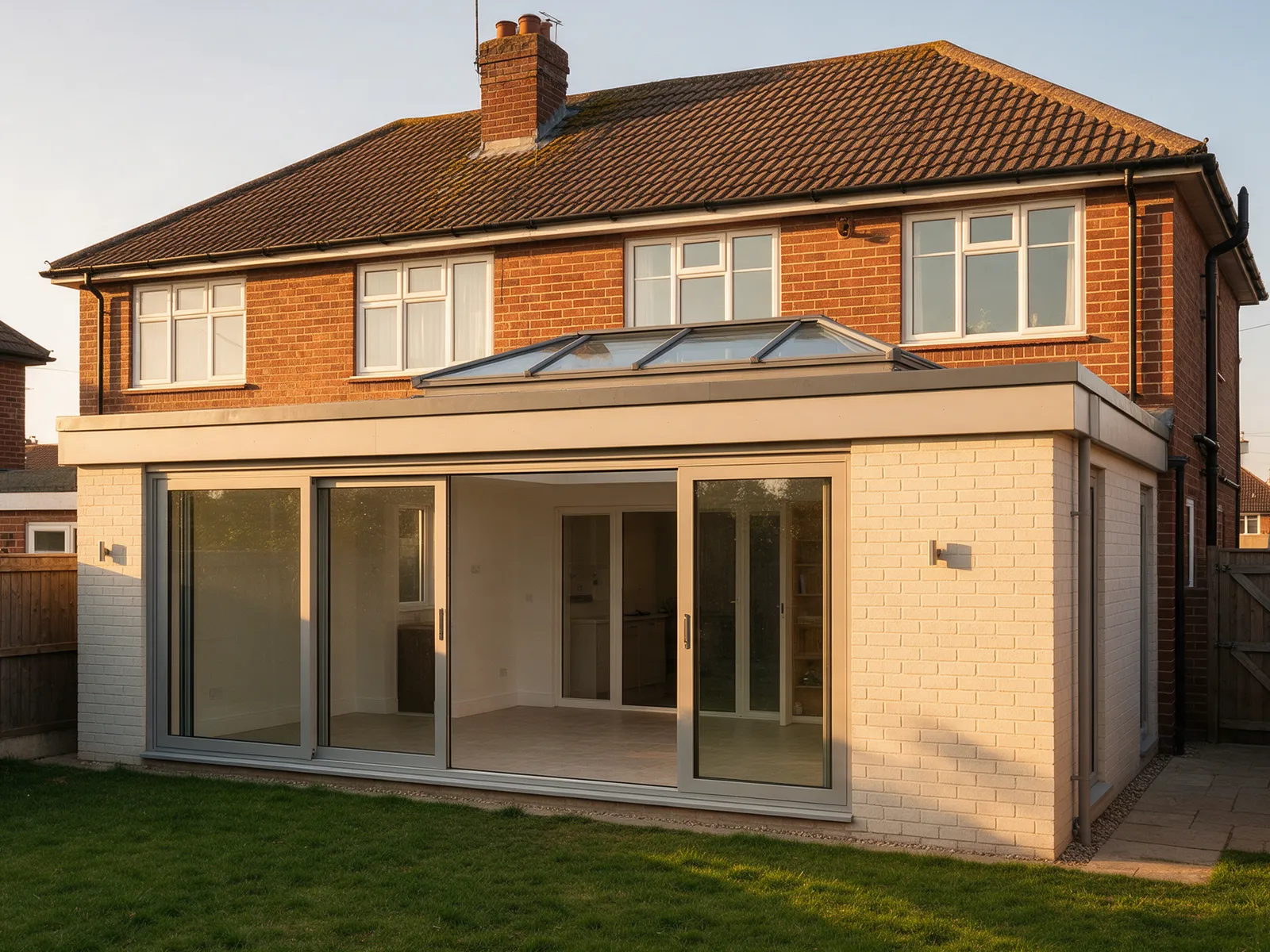 A single-storey rear extension with sliding glass doors open onto a lawn