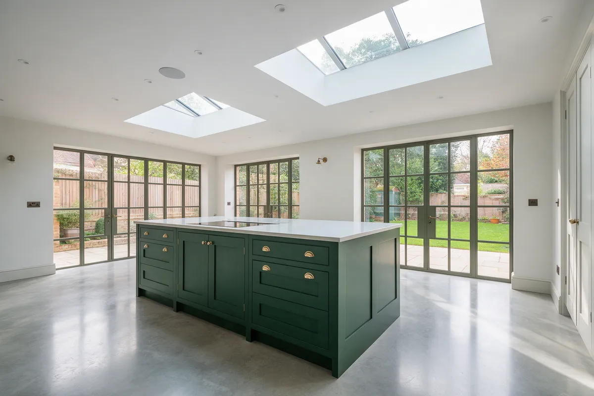 An open-plan kitchen extension with two roof lanterns and a dark green island
