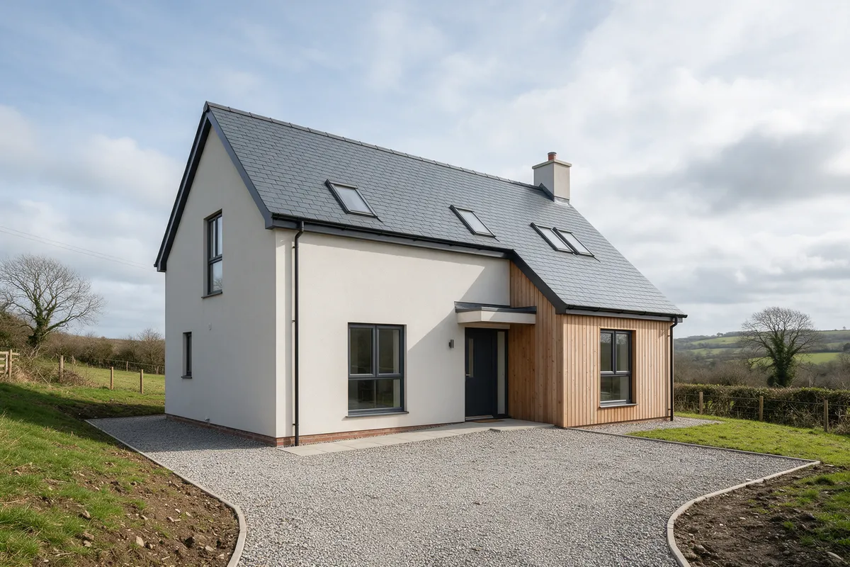 A newly completed detached self-build house with render and larch cladding