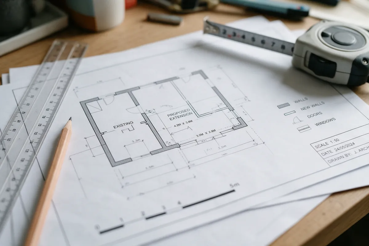 Architectural floor plans for an extension on a desk with a scale ruler and tape measure