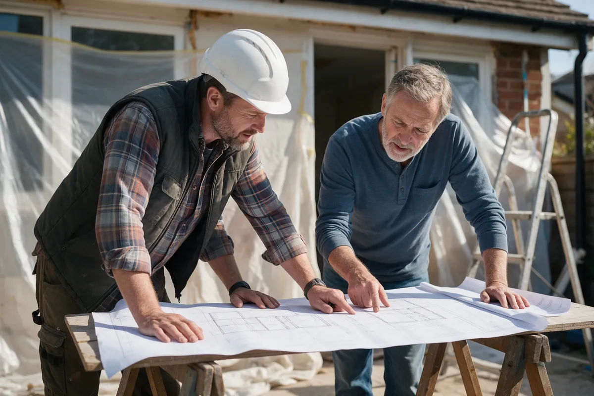 A builder and a homeowner looking at architectural drawings on a trestle table in a house under renovation