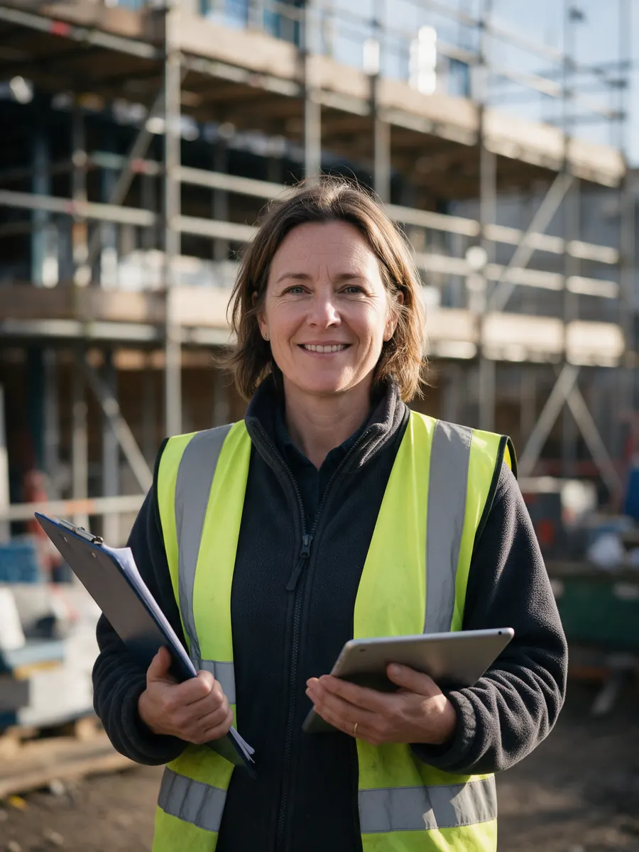 Claire Reed with a clipboard and tablet on a building site
