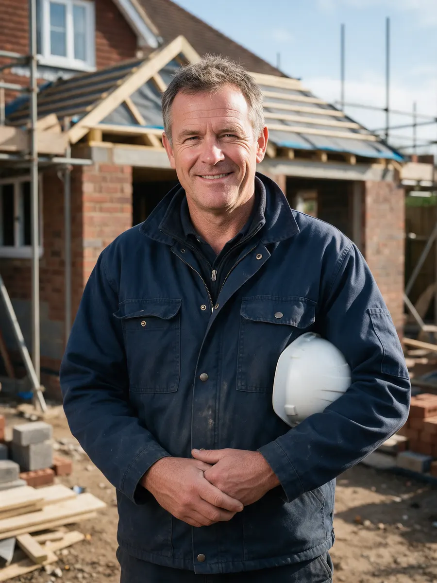 Gareth Morgan holding a hard hat in front of a brick extension under construction