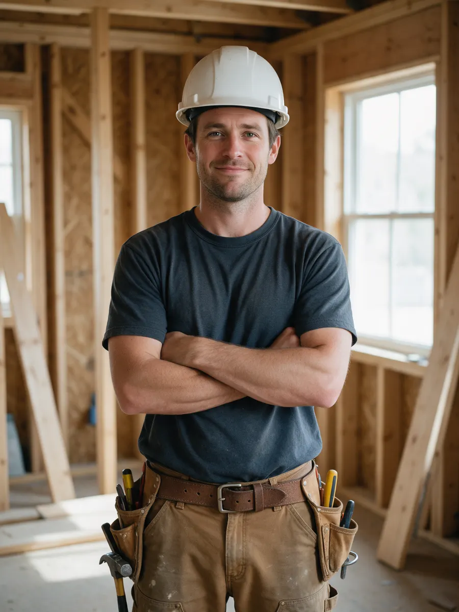 Josh Pritchard with arms folded in a timber-framed room under construction