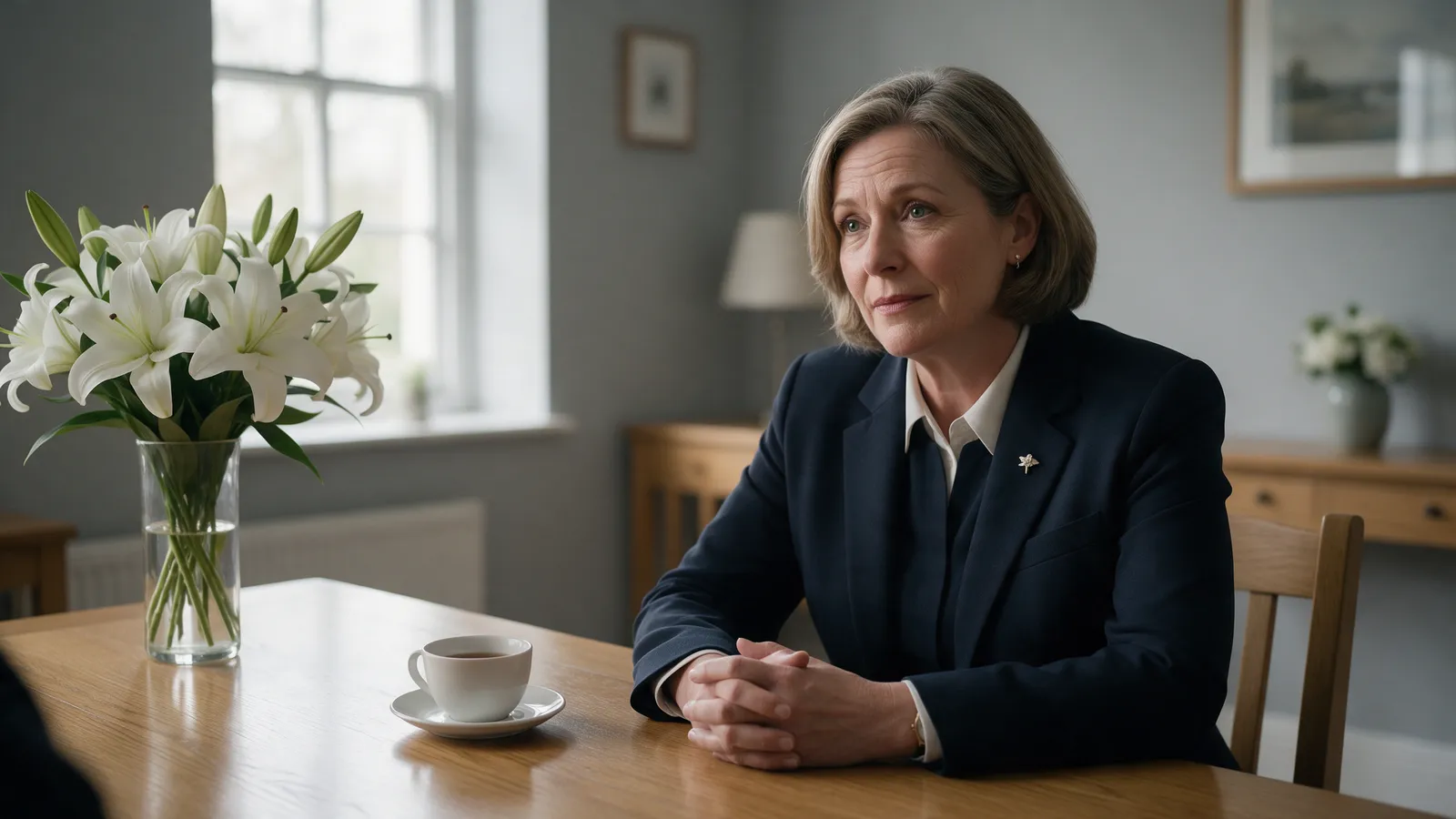 A funeral director in her fifties in a dark navy suit at a polished oak table in a calm arrangement room, white lilies and a cup of tea beside her, listening