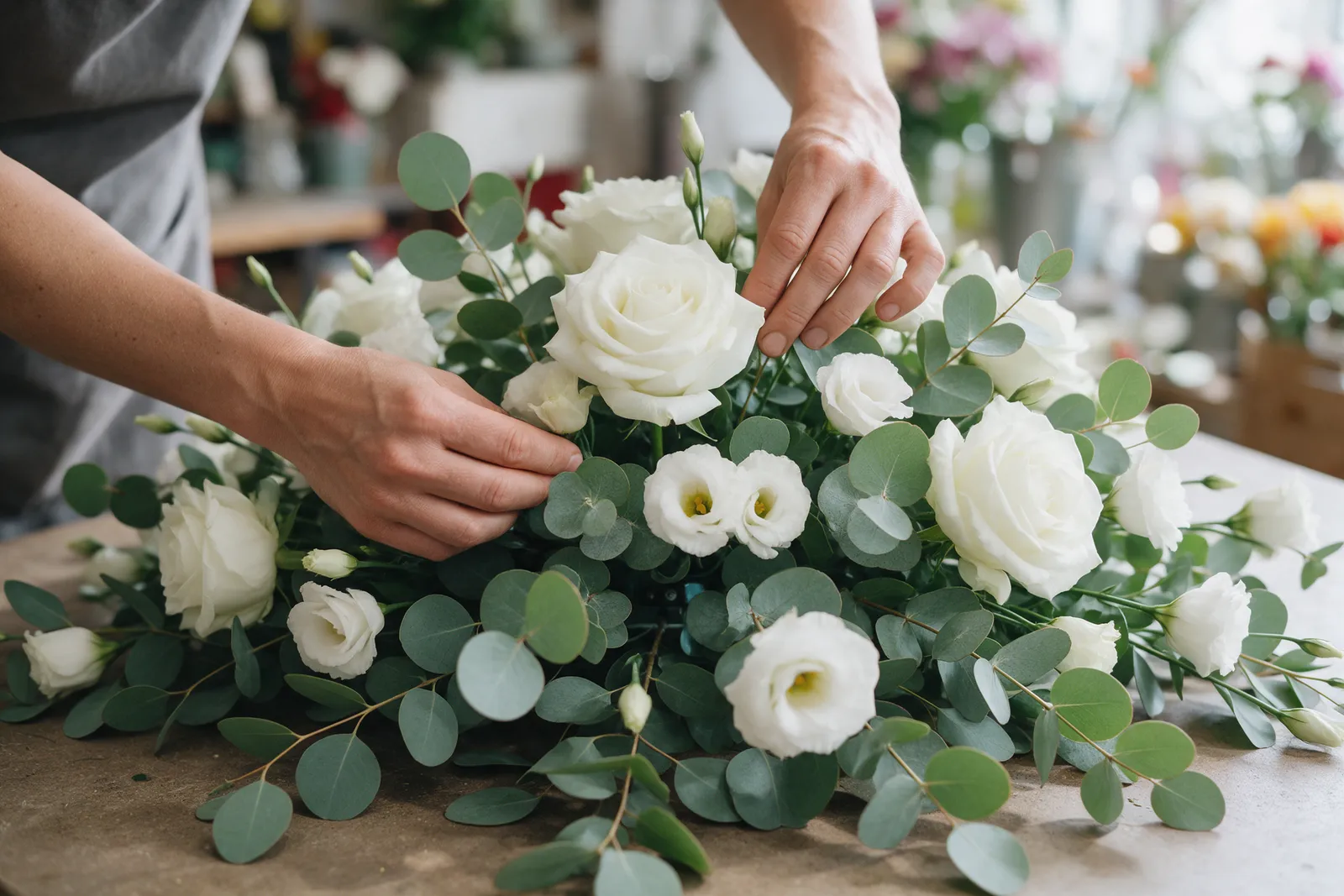 A florist's hands arranging a coffin spray of white roses, eucalyptus and lisianthus on a workbench in soft daylight