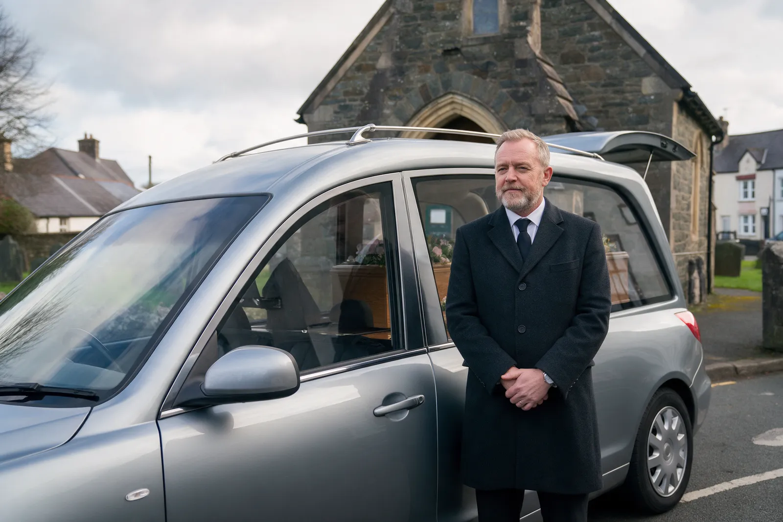 A silver-grey hearse outside a small stone chapel in a Welsh town, a funeral director in a dark coat standing beside it with hands folded