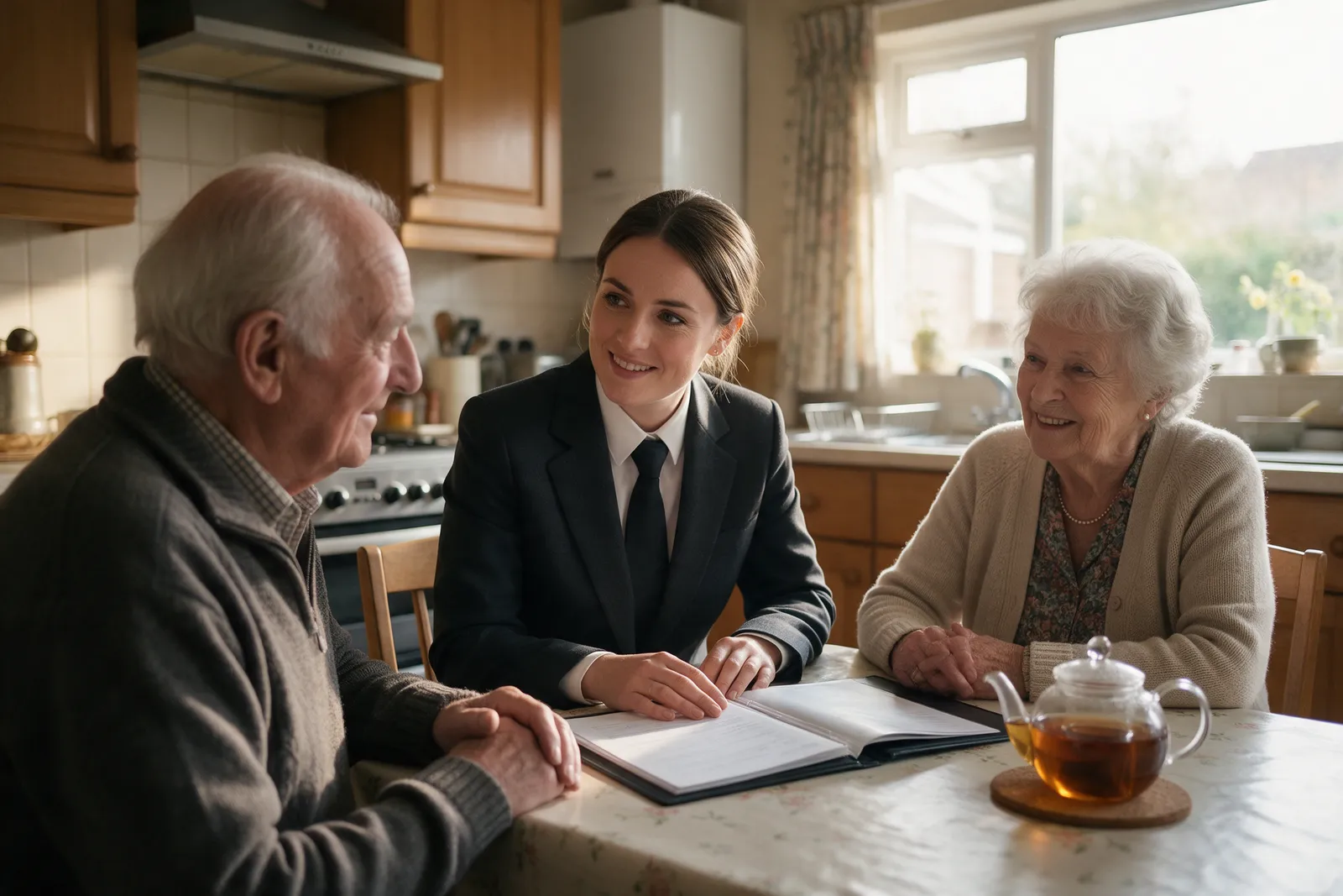 A funeral director in her thirties in a dark suit sitting with an elderly couple at their kitchen table, a folder open and a pot of tea between them