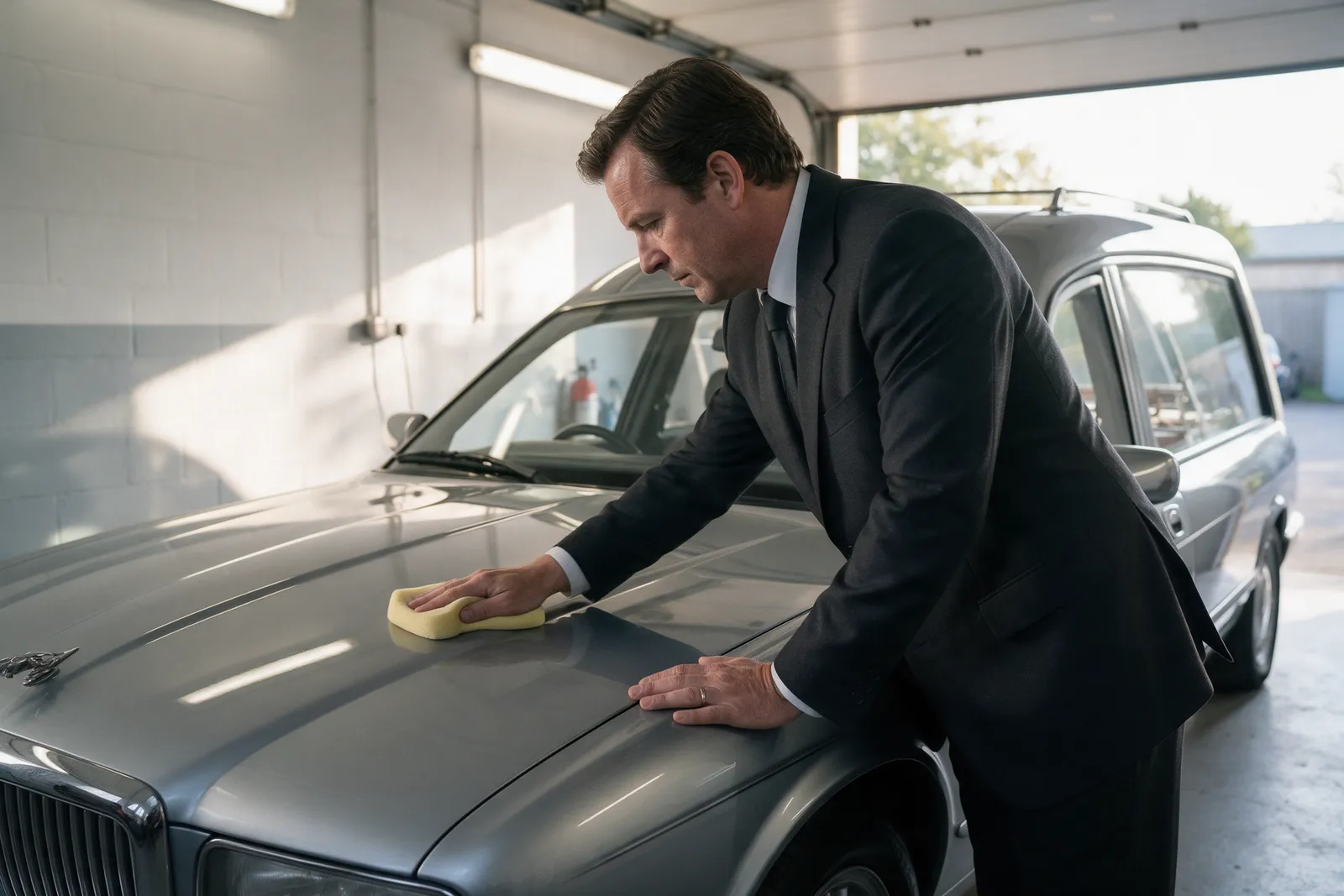 A man in his forties in a dark suit polishing the bonnet of a silver-grey hearse in a clean garage in early morning light